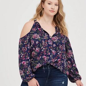 Cold Shoulder Blouse - Crinkle Gauze Floral Navy 4X